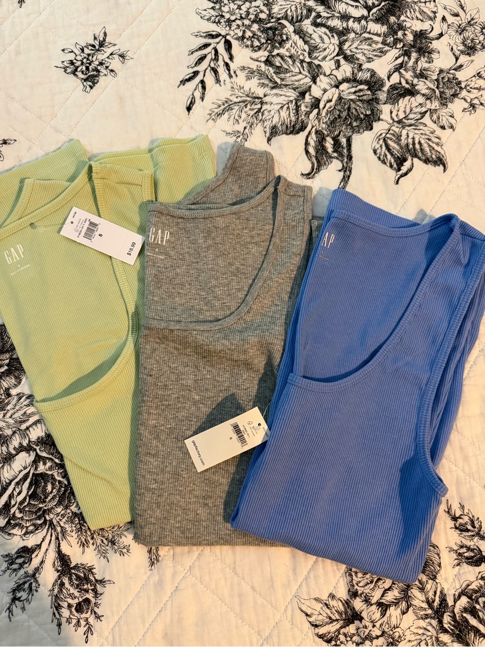 GAP Ribbed Tank Trio — Blue, Gray, Light Green